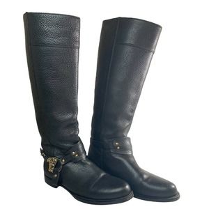 Versace Collection Black Leather Riding Boots Strap Gold Medusa Head 36 Size 5.5